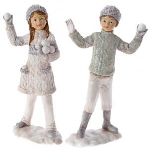 Фигурка деца със снежи топки , полирезин, сиво, 13х7х22 см