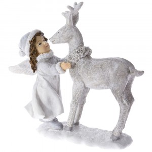 Керамична фигурка, ангел с елен, бяло, 17х6х15 см