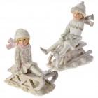 Керамична фигурка, момче / момиче върху шейна, блясък, 12х7х15 см