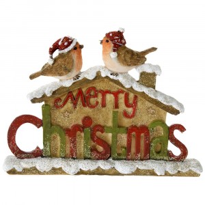 Керамичен надпис MERRY CHRISTMAS с птички, 16х3х12 см