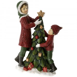 Керамична фигурка, деца с елха, червено - зелено, 14х8х21 см