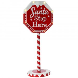 Метален знак  Santa STOP here с LED  светлина, бяло и червено, 39х30х92 см