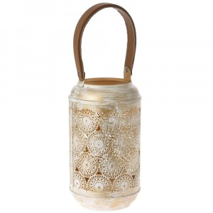 Метален светилник с кожена дръжка, злато, 15х27 см