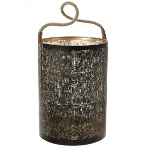 Метален светилник с въжена дръжка, черен, 25х35 см