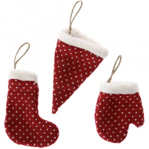Висулки комплект, ботуш, ръкавица и шапка, червени на бели звезди, 10 см