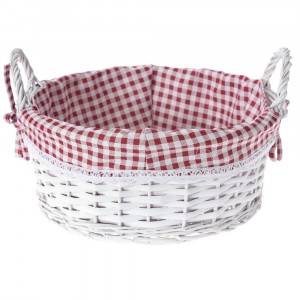 Плетена кошница с каре плат, бяла, Ф36х15 см