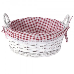 Плетена кошница с каре плат, бяла, Ф30х12 см