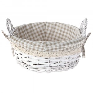 Плетена кошница с  беж каре плат, бяла, Ф30х12 см