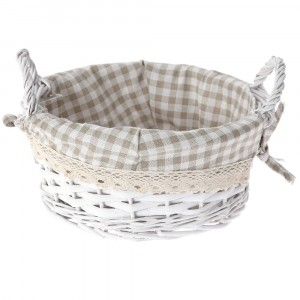 Плетена кошница с беж каре плат, бяла, Ф24х11 см