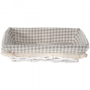 Плетен панер с плат, беж, каре, бял, 37х27х10см