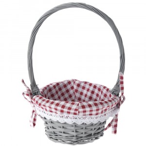 Плетена кошница с дръжка, сива, каре плат, Ф 19х10 см