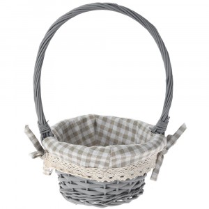 Плетена кошница с дръжка, сива,  беж каре плат, Ф 19х10 см