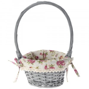 Плетена кошница с дръжка, сива,  рози плат, Ф 19х10 см