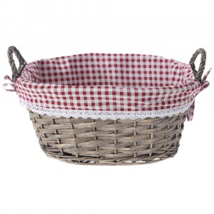 Плетен панер с дръжка, натурал, каре плат, 42х33х18 см