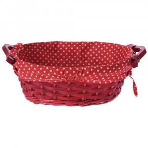 Плетен панер с дръжка, червен с плат, 30х23х11см
