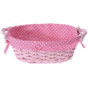 Плетен панер с дръжка, розов с плат, 30х23х11см