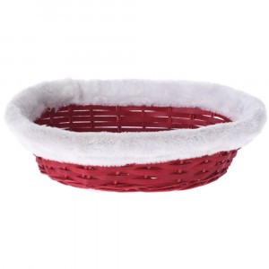 Плетен червен панер с бял плюш, 35х26х10 см