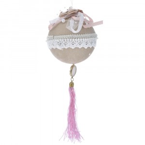 Висулка, кадифена топка с пискюл, розово и беж, 11х33 см