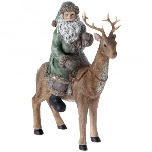 Керамична фигурка Дядо Коледа върху елен, зелен, 26х32 см