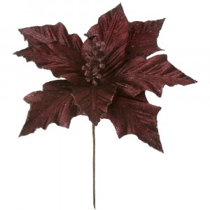 Стрък коледна звезда с брокат, бордо, 24 см
