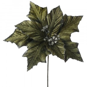 Стрък коледна звезда с брокат, зелена, 24 см