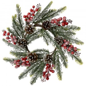 Коледен венец с червени топчета, заснежен,  36 см