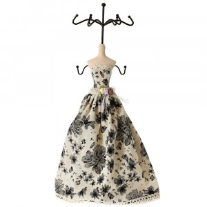 Стойка за бижута, манекен, беж с черни цветя, полирезин, 12х12х40 см