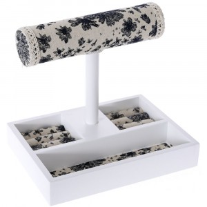 Стойка за бижута, беж с черни цветя, МДФ, 22х16х22 см