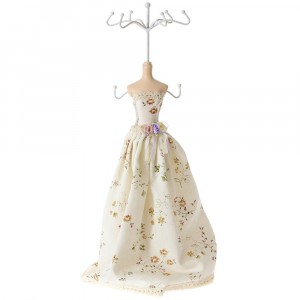 Стойка за бижута, манекен, беж с цветя, полирезин, 12х12х40 см