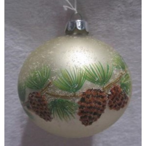 Стъклена топка с рисуван декор , шишарка, златна к-т 4 бр, 8 см