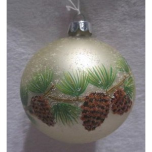 Стъклена топка с рисуван декор , шишарка, златна к-т 2 бр, 10 см