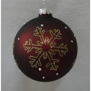 Стъклена топка с рисуван декор , златна снежинка , бордо, к-т 4 бр, 8 см