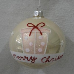 Стъклена топка с рисуван декор, брокатена елха, праскова, к-т 4 бр, 8 см