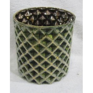 Стъклен свещник, ромбчета, зелено - златен, 9х10 см