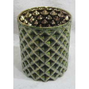 Стъклен свещник, ромбчета, зелено - златен, 8х8 см