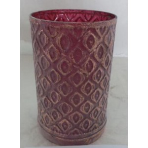 Стъклен свещник, матиран, червено - златен, 10х11 см