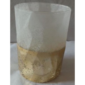 Стъклен свещник, заскрежен, бяло - златен, 13х18 см