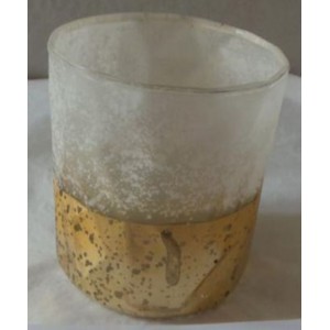 Стъклен свещник, заскрежен, бяло - златен, 9х9 см