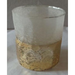 Стъклен свещник, заскрежен, бяло - златен, 11х12 см