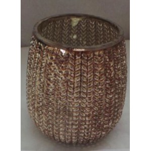 Стъклен свещник, плетка,  златен, 11х11 см