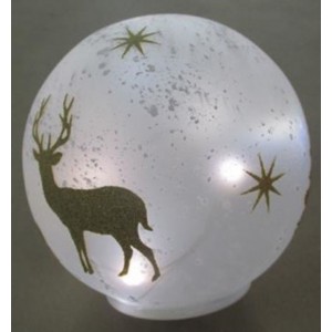 Стъклено кълбо  с LED светлина, бяло, мат, златни елени, ф15 см