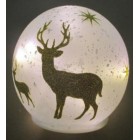 Стъклено кълбо  с LED светлина, бяло, мат, златни елени, ф12 см