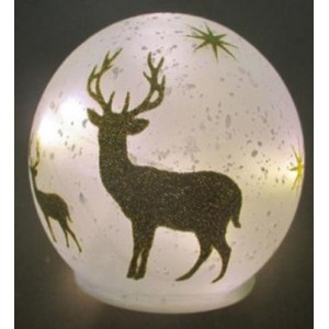 Стъклено кълбо  с LED светлина, бяло, мат, златни елени, ф12 см