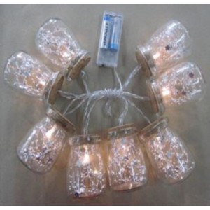 Гирлянд LED светлина,  батерии, 8 бр. стъклени буркани с вграден декор, златни звезди, 6х8 см 