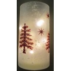 Стъклен свещник с 12 LED лампички, батерии, бял, мат, червени елени, 10х20 см