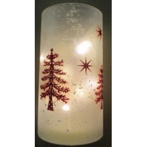 Стъклен свещник с 12 LED лампички, батерии, бял, мат, червени елени, 10х20 см