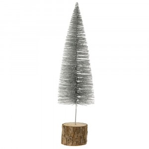 Елха пластик върху дървено пънче, сребро, брокат, 7.5х28 см