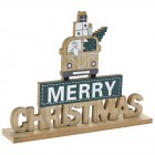 Дървен надпис MERRY CHRISTMAS, синьо и натурал, 27х21 см