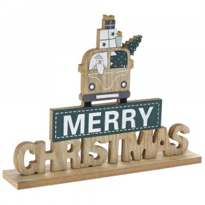 Дървен надпис MERRY CHRISTMAS, синьо и натурал, 27х21 см