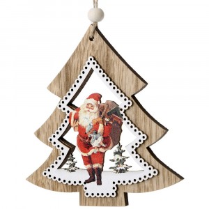 Дървена висулка, елха, ретро Дядо Коледа, бяло и натурал, 10 см